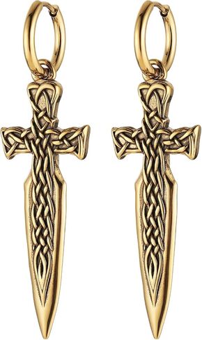HZMAN Sword Dangle Drop Earrings for Men Gothic Punk Stainless Steel Dragon Knight Earring Hinged Huggie Hoop Earring Jewelry Gift in Kuwait