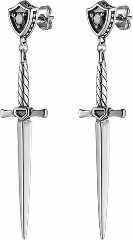 HZMAN Sword Dangle Drop Earrings for Men Gothic Punk Stainless Steel Dragon Knight Earring Hinged Huggie Hoop Earring Jewelry Gift in Kuwait