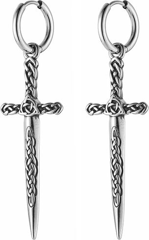 HZMAN Sword Dangle Drop Earrings for Men Gothic Punk Stainless Steel Dragon Knight Earring Hinged Huggie Hoop Earring Jewelry Gift in Kuwait