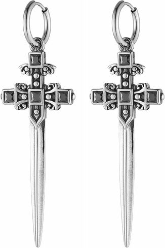 HZMAN Sword Dangle Drop Earrings for Men Gothic Punk Stainless Steel Dragon Knight Earring Hinged Huggie Hoop Earring Jewelry Gift in Kuwait
