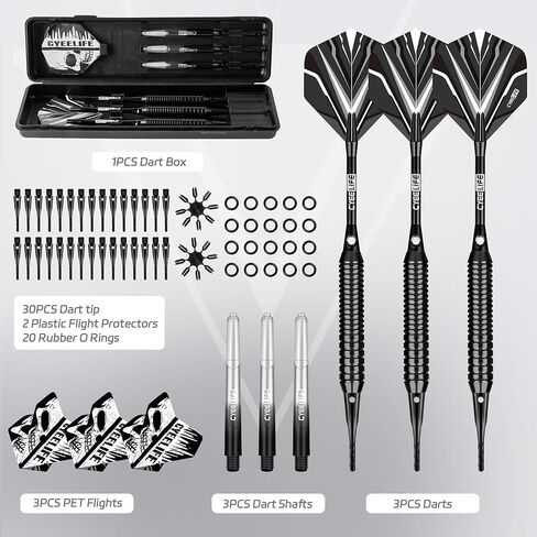 CyeeLife Soft tip Darts Set with Brass Barrel,Professional Darts Plastic Tip,Aluminum/PC Shafts + 6 Flights + 30 Soft Tip + 20 O Ring + 2 Flight Protectors + 1 Dart Case for Electronic Dartboard in Kuwait