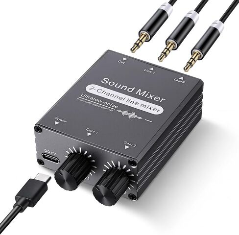 2 Channel Stereo Audio Mixer, 3.5mm 2 In 1 Out Mini Audio Mixer with Dual Volume Control, 5V USB Powered Metal Housing, Includes 3.5mm Audios Cable for PC Phone Laptop Headphones Speakers in Saudi Arabia