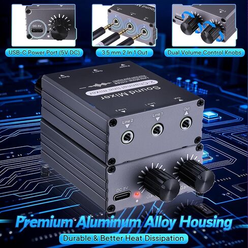 2 Channel Stereo Audio Mixer, 3.5mm 2 In 1 Out Mini Audio Mixer with Dual Volume Control, 5V USB Powered Metal Housing, Includes 3.5mm Audios Cable for PC Phone Laptop Headphones Speakers in Saudi Arabia