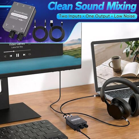 2 Channel Stereo Audio Mixer, 3.5mm 2 In 1 Out Mini Audio Mixer with Dual Volume Control, 5V USB Powered Metal Housing, Includes 3.5mm Audios Cable for PC Phone Laptop Headphones Speakers in Saudi Arabia