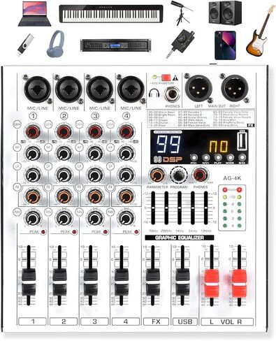 4 Channel Professional Audio Mixer with 4 MIC/LINE Inputs, 5-Band EQ, 99DSP Effects, USB Playback/Recording, +48V Phantom Power for Musicians Live Streaming DJ Podcasting Home Studio(AG-4K) in Saudi Arabia