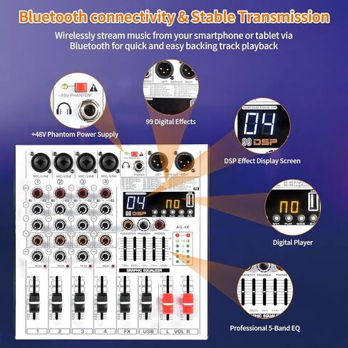 4 Channel Professional Audio Mixer with 4 MIC/LINE Inputs, 5-Band EQ, 99DSP Effects, USB Playback/Recording, +48V Phantom Power for Musicians Live Streaming DJ Podcasting Home Studio(AG-4K) in Saudi Arabia