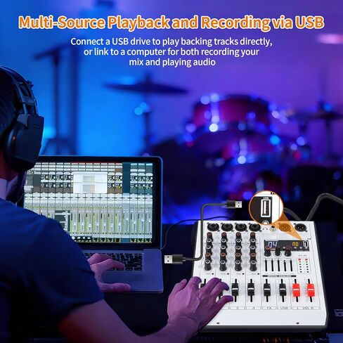 4 Channel Professional Audio Mixer with 4 MIC/LINE Inputs, 5-Band EQ, 99DSP Effects, USB Playback/Recording, +48V Phantom Power for Musicians Live Streaming DJ Podcasting Home Studio(AG-4K) in Saudi Arabia