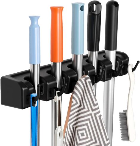 حامل مكنسة وممسحة، ممسحة منظمة مثبتة على الحائط ورف أدوات تخزين مكنسة مع 5 فتحات كروية و6 خطافات (عبوة واحدة) in Kuwait