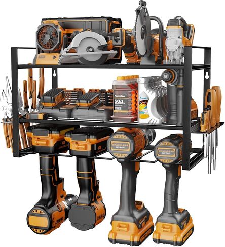 Wall Mount Tool Organizer, 3-Layer Heavy Duty Metal Rack for 4 Drills, with Screwdriver and Hammer Holder, 150 Lbs Capacity, Garage and Workshop Storage (trumpet, 3-4) in Kuwait