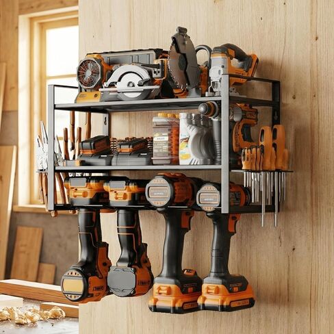 Wall Mount Tool Organizer, 3-Layer Heavy Duty Metal Rack for 4 Drills, with Screwdriver and Hammer Holder, 150 Lbs Capacity, Garage and Workshop Storage (trumpet, 3-4) in Kuwait