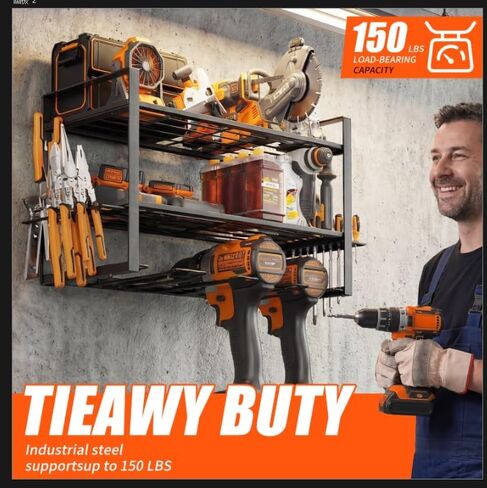 Wall Mount Tool Organizer, 3-Layer Heavy Duty Metal Rack for 4 Drills, with Screwdriver and Hammer Holder, 150 Lbs Capacity, Garage and Workshop Storage (trumpet, 3-4) in Kuwait