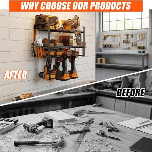 Wall Mount Tool Organizer, 3-Layer Heavy Duty Metal Rack for 4 Drills, with Screwdriver and Hammer Holder, 150 Lbs Capacity, Garage and Workshop Storage (trumpet, 3-4) in Kuwait