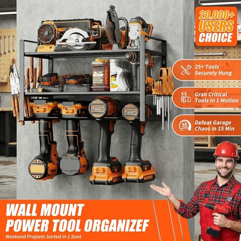 Wall Mount Tool Organizer, 3-Layer Heavy Duty Metal Rack for 4 Drills, with Screwdriver and Hammer Holder, 150 Lbs Capacity, Garage and Workshop Storage (trumpet, 3-4) in Kuwait