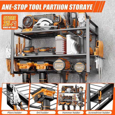 Wall Mount Tool Organizer, 3-Layer Heavy Duty Metal Rack for 4 Drills, with Screwdriver and Hammer Holder, 150 Lbs Capacity, Garage and Workshop Storage (trumpet, 3-4) in Kuwait