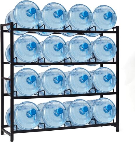 16-Tray Water Cooler Jug Rack - Heavy Duty Carbon Steel 5 Gallon Water Dispenser Jug Holder Stand With 4-Tier Organizer For Home, Office, Kitchen, Warehouse - Black in Kuwait