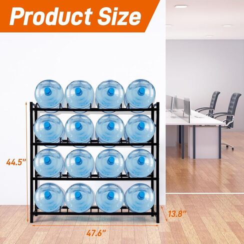 16-Tray Water Cooler Jug Rack - Heavy Duty Carbon Steel 5 Gallon Water Dispenser Jug Holder Stand With 4-Tier Organizer For Home, Office, Kitchen, Warehouse - Black in Kuwait