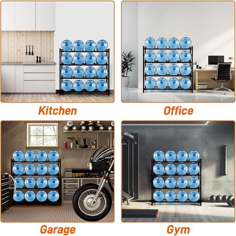 16-Tray Water Cooler Jug Rack - Heavy Duty Carbon Steel 5 Gallon Water Dispenser Jug Holder Stand With 4-Tier Organizer For Home, Office, Kitchen, Warehouse - Black in Kuwait