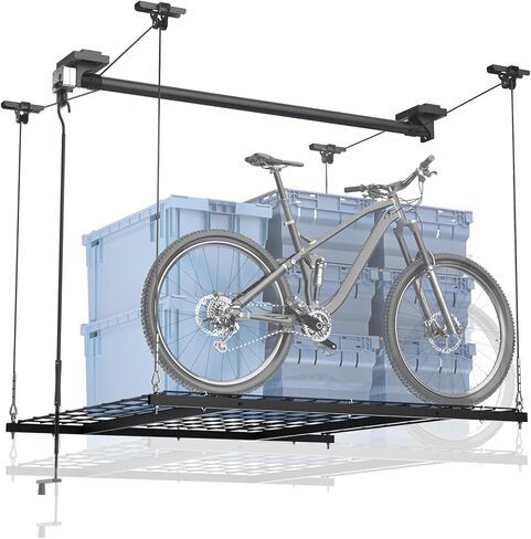 GADFISH Garage Ceiling Lift Storage Rack, Easy Lifting 85" Height 4x4 Ft Overhead Garage Storage Rack for Space Saving with Safety Lock, Suitable for 16"/24" Ceiling, 350LBS Capacity in Kuwait