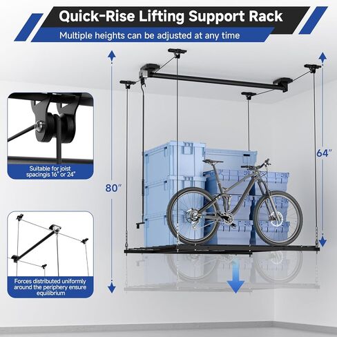 GADFISH Garage Ceiling Lift Storage Rack, Easy Lifting 85" Height 4x4 Ft Overhead Garage Storage Rack for Space Saving with Safety Lock, Suitable for 16"/24" Ceiling, 350LBS Capacity in Kuwait