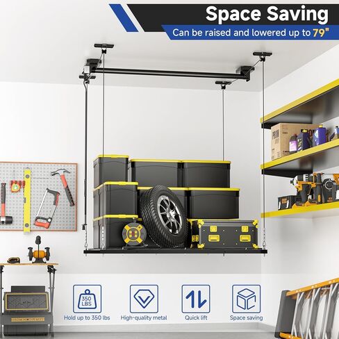 GADFISH Garage Ceiling Lift Storage Rack, Easy Lifting 85" Height 4x4 Ft Overhead Garage Storage Rack for Space Saving with Safety Lock, Suitable for 16"/24" Ceiling, 350LBS Capacity in Kuwait