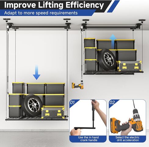 GADFISH Garage Ceiling Lift Storage Rack, Easy Lifting 85" Height 4x4 Ft Overhead Garage Storage Rack for Space Saving with Safety Lock, Suitable for 16"/24" Ceiling, 350LBS Capacity in Kuwait