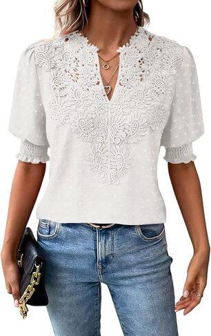 Womens Summer Tops Boho Short Sleeve Shirts V Neck Casual Chiffon Blouses Flowy Lace Hem Spring Clothing Trendy 2025 in Kuwait