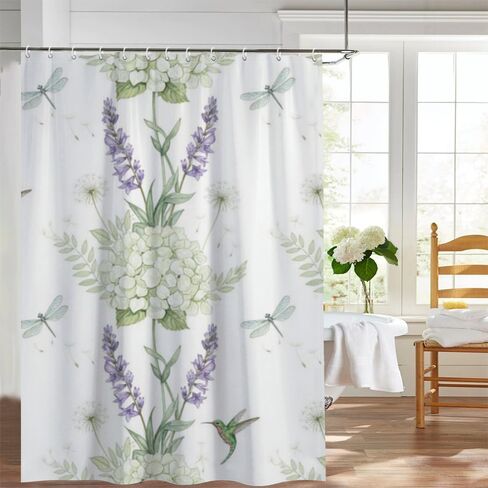 Lavender Print Shower Curtain Fabric with Hooks, Summer Waterproof Space Shower Curtain, Washable Fabric Holiday Vintage Curtains for Bathroom for Walk in Abstract Decor 72×72 in in Kuwait