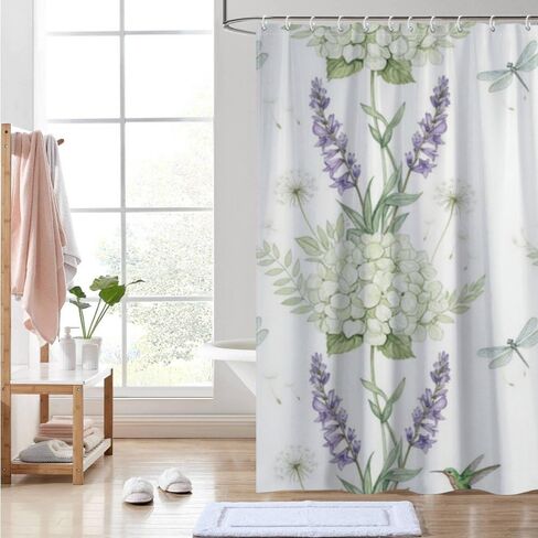 Lavender Print Shower Curtain Fabric with Hooks, Summer Waterproof Space Shower Curtain, Washable Fabric Holiday Vintage Curtains for Bathroom for Walk in Abstract Decor 72×72 in in Kuwait