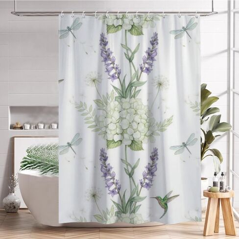 Lavender Print Shower Curtain Fabric with Hooks, Summer Waterproof Space Shower Curtain, Washable Fabric Holiday Vintage Curtains for Bathroom for Walk in Abstract Decor 72×72 in in Kuwait