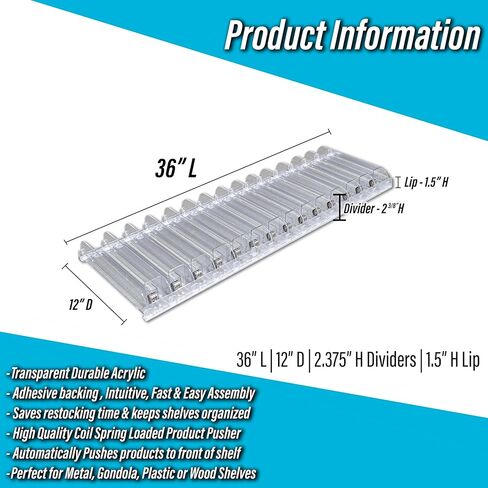 STORE FIXTURES DIRECT Auto Feed Shelf Product Pusher Kit, Adjustable Pushing System for 36" L x 12" D Shelves, 5 Pack - [70 Shelf Pushers + 75 Dividers] in Saudi Arabia