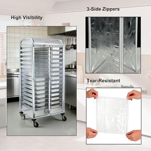 غطاء رف صينية الخبز: غطاء بولي كلوريد الفينيل سميك وشفاف مع 3 سحابات جانبية لـ 20 طبقة من رفوف المخابز التجارية، غطاء حامل خبز مقاوم للماء مقاس 23 بوصة × 28 بوصة × 61 بوصة in Kuwait