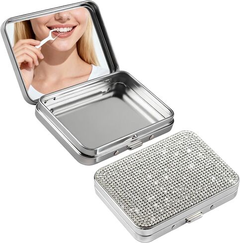 2Pack Bling Dental Floss Pick Case with Mirror, Portable Refillable Toothpick Flossers Holder Container, Small Cotton Swab Tin Box for Travel(Silver) in Kuwait
