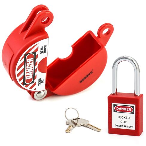 QWORK Gate Valve Lockout with Safety Padlock, Impact-Resistant, Waterproof, and Non-Conductive, Red, Fits 1 to 2-1/2 Inch Handles in Kuwait