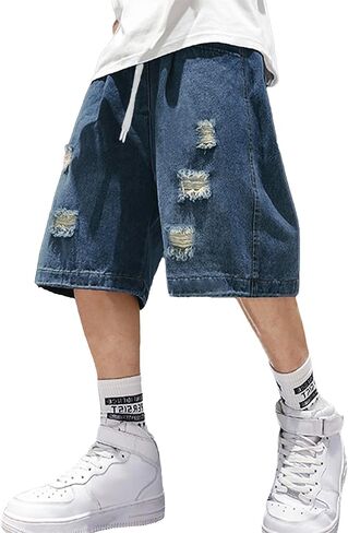 EMMIOL Baggy Jean Shorts Men, y2k Jorts Cargo Ripped Elastic Waisted, Mens Denim Shorts Loose fit Vintage Streetwear Summer in Kuwait