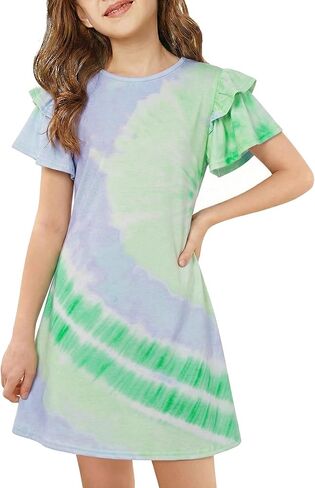 Haloumoning Girls Ruffle Sleeve Dresses Kids Summer Crewneck A Line Casual Dress 5-14 Years in Kuwait