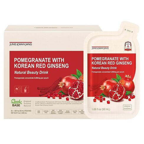JUNG KWAN JANG Pomegranate with Korean Red Ginseng - Vegan Red Panax Ginseng Liquid Energy Drink with Natural Sweetness from Agave & Grape Extracts - No Caffeine, Non-GMO (20 Pouches, 1.69 fl oz) in Kuwait