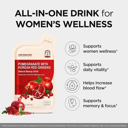 JUNG KWAN JANG Pomegranate with Korean Red Ginseng - Vegan Red Panax Ginseng Liquid Energy Drink with Natural Sweetness from Agave & Grape Extracts - No Caffeine, Non-GMO (20 Pouches, 1.69 fl oz) in Kuwait