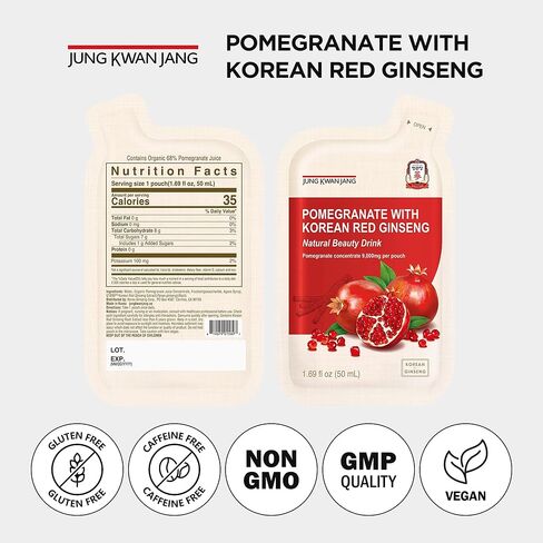 JUNG KWAN JANG Pomegranate with Korean Red Ginseng - Vegan Red Panax Ginseng Liquid Energy Drink with Natural Sweetness from Agave & Grape Extracts - No Caffeine, Non-GMO (20 Pouches, 1.69 fl oz) in Kuwait