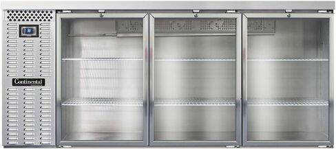 Continental Refrigerator BBC79S-SS-GD Three Section Glass Door Refrigerated Back Bar Cooler, 79" W x 34-3/4"H, Stainless Steel Exterior & Shallow Depth in Kuwait