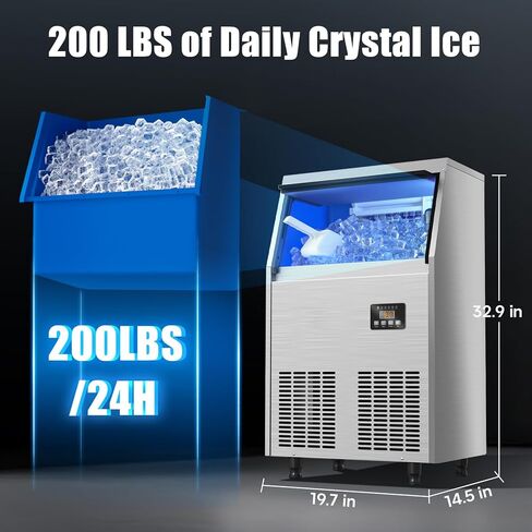 Coolski Commercial Ice Maker, 200LBS/24H Ice Maker Machine with 35lbs Storage Capacity, 45 Ice Cubes in 12-15 Minutes, LED Digital Display, Freestanding Ice Machine for Home/Restaurant/Cafe/Bar in Kuwait