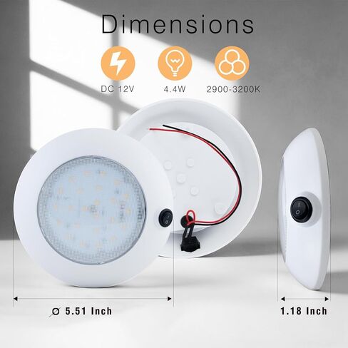 LED Dome Light, 12V DC Surface Mount Ceiling Light with Switch, Super Bright 334LM Warm White (2900-3200K), IP66 Waterproof, 120° Beam Angle for Cabin, RV, Marine Interior Lighting (5.5 inches) in Saudi Arabia