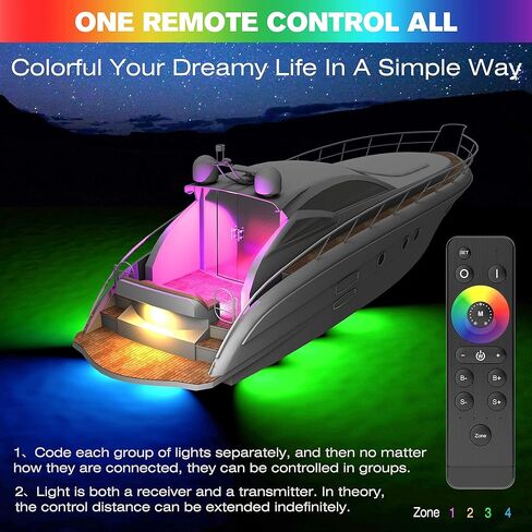 HUSUKU GT1 (2.0) Boat RGB LED Lights Underwater Marine Color Light Kit, SUS316, 2000LM 36LED 12V~24V IP68 Waterproof, Wireless Grouping and Control Auto Sync, for Yacht Boat Dock Deck Fishing Light in Kuwait