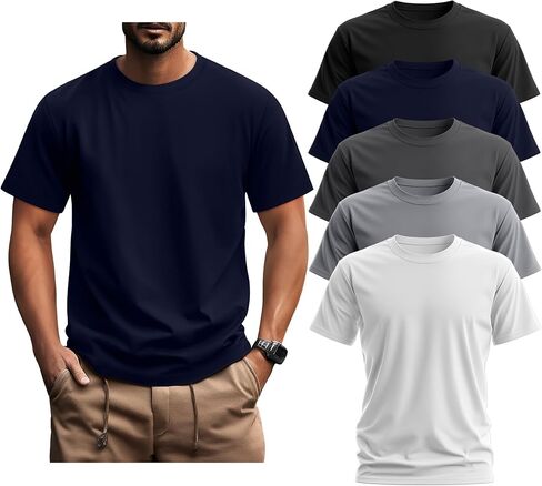 Ficerd 5 Pack Men's Big and Tall Shirts Short Sleeve Cotton Tee Summer Crew Neck Oversize Top Loose Fit Shirt Multipack in Kuwait