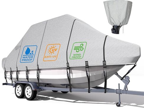 5-ply 1200D 100% Waterproof T-Top Boat Cover Solution Dyed Fade-Proof Trailerable Hard Top Boat Cover with 21 Windproof Straps, Motor Cover Fit 21'-23' Long Center Console Boat with T Top Roof in Kuwait