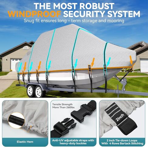 5-ply 1200D 100% Waterproof T-Top Boat Cover Solution Dyed Fade-Proof Trailerable Hard Top Boat Cover with 21 Windproof Straps, Motor Cover Fit 21'-23' Long Center Console Boat with T Top Roof in Kuwait