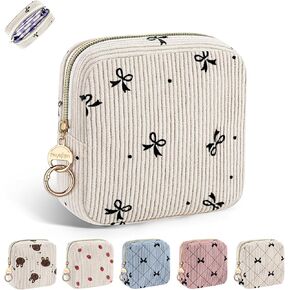 Period Bag for Teen Girls, Corduroy Cute Sanitary Napkin Storage Bag, Menstrual Pad Tampon Holder for Purse (Blue-Bow Tie) in Kuwait