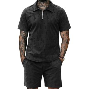 URRU Mens Textured Polo Shirt and Shorts Set Casual 2 Piece Summer Outfits Short Sleeve Quarter Zip Fashion Golf Polo Suit in Kuwait