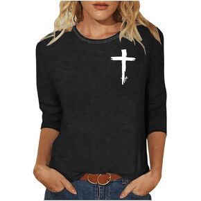 Women's Cross Print Crewneck 3/4 Length Sleeve Tops Casual Loose Shirts for Streetwear Weekend Fashion Outfits in Saudi Arabia