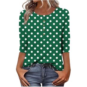 Womens Polka Dot Crewneck 3/4 Length Sleeve Tops Button Down Loose Casual Shirts Soft Daily All Season Wear Blouses in Saudi Arabia