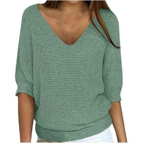 Womens V Neck 3/4 Length Sleeve Loose Fit Tops Casual Dressy Comfy Shirts Fashion Lightweight Office Work Blouses in Saudi Arabia